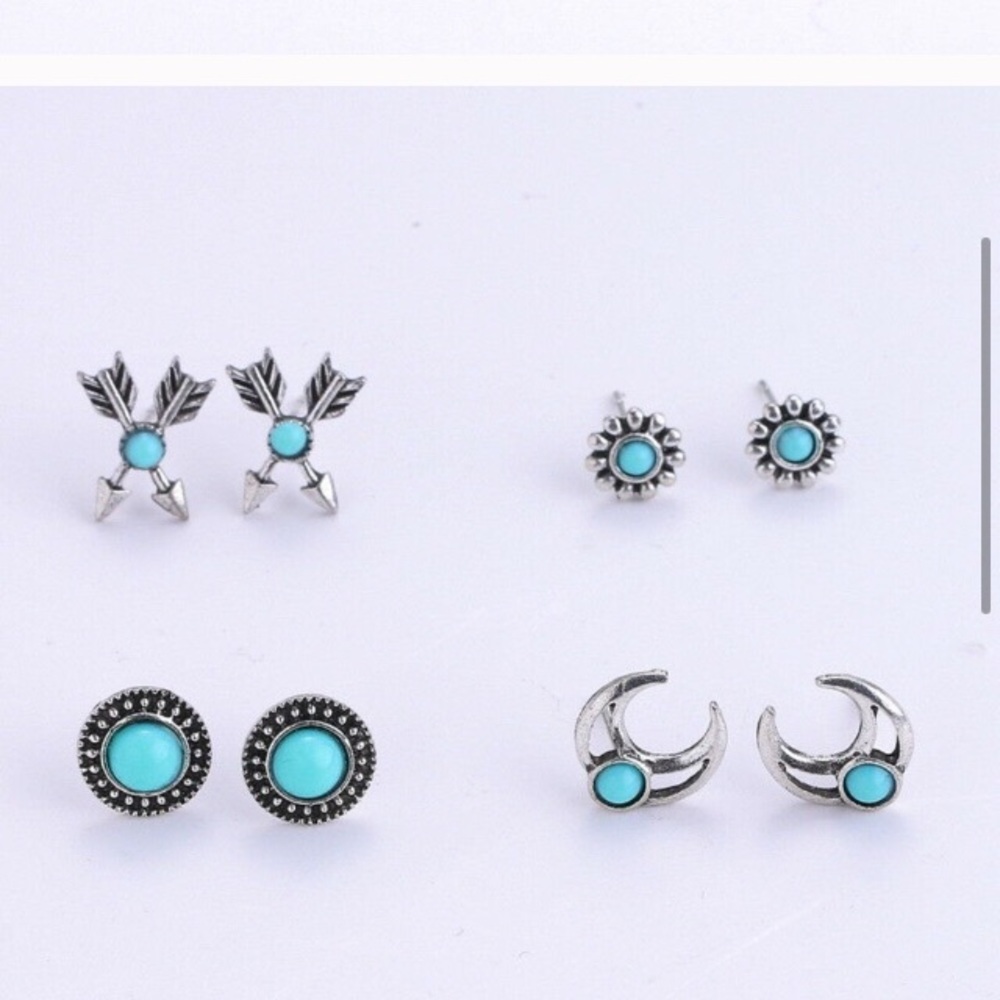 4 Pair Boho Arrows Turquoise and Silver Earrings - Picture 6 of 7